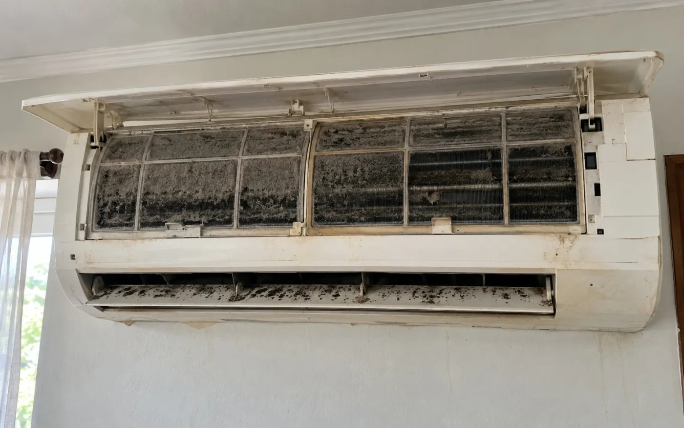 Dusty aircon filters and moldy coil before cleaning